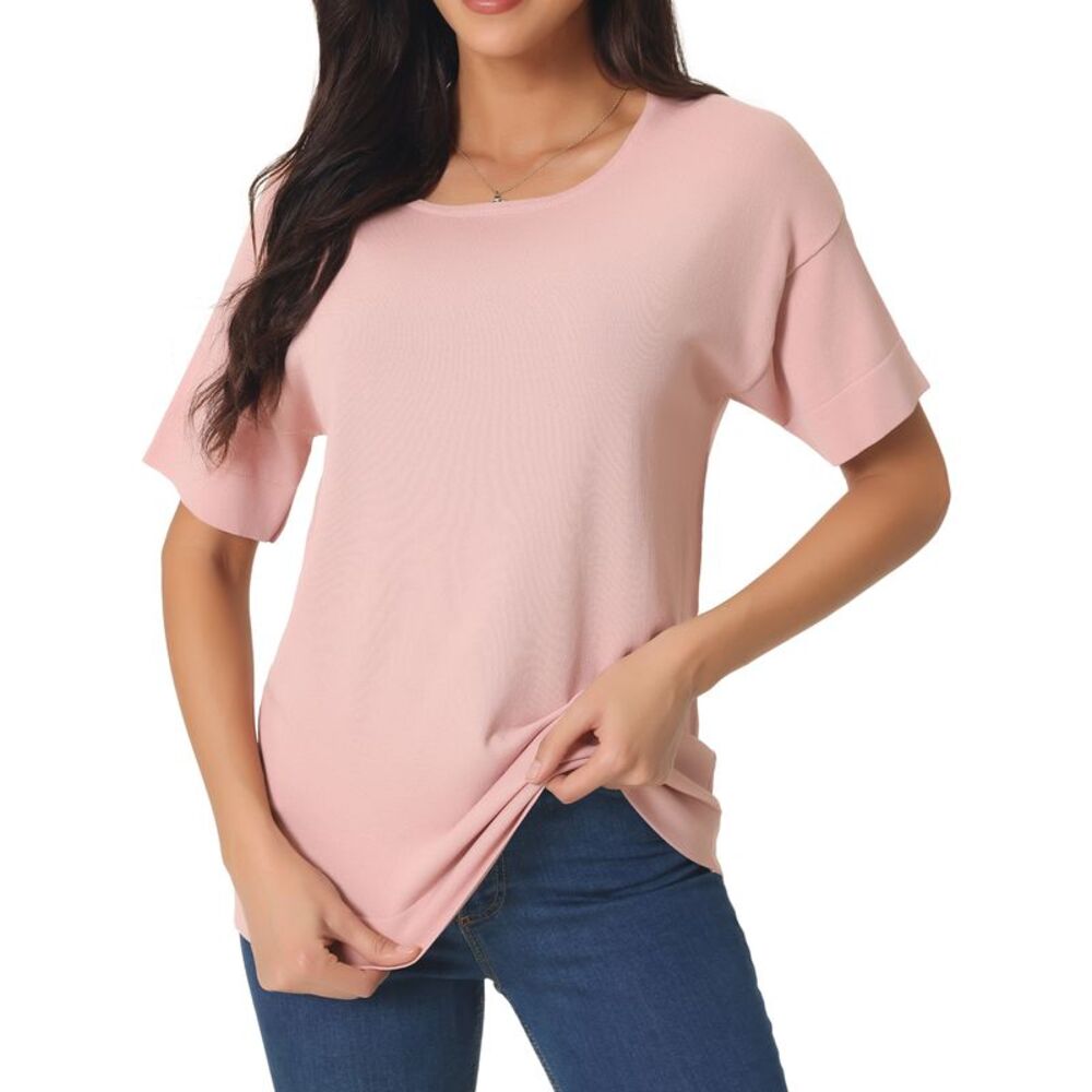 Short Sleeve Basic Casual T Shirts Summer Knit Tops Solid Color Blouse Pink